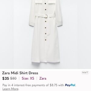 Zara White Midi Dress with Cuffed 3/4 Sleeves
